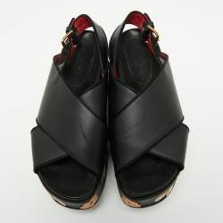 Pre Owned Marni Black Leather Cross Strap Floral Platform Sandals Size 40
