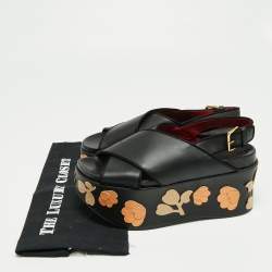Pre Owned Marni Black Leather Cross Strap Floral Platform Sandals Size 40
