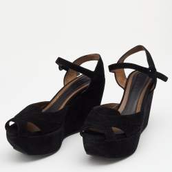 Pre Owned Marni Black Suede Ankle Strap Platform Wedge Sandals Size 38