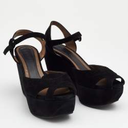 Pre Owned Marni Black Suede Ankle Strap Platform Wedge Sandals Size 38