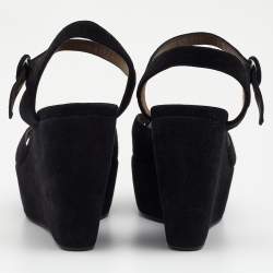 Pre Owned Marni Black Suede Ankle Strap Platform Wedge Sandals Size 38
