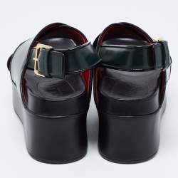 Pre Owned Marni Dark Green Leather Cross Strap Slingback Platform Sandals Size 37