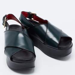 Pre Owned Marni Dark Green Leather Cross Strap Slingback Platform Sandals Size 37