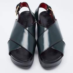 Pre Owned Marni Dark Green Leather Cross Strap Slingback Platform Sandals Size 37