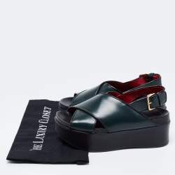 Pre Owned Marni Dark Green Leather Cross Strap Slingback Platform Sandals Size 37