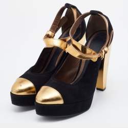 Marni Black/Gold Suede and Leather Platforms Ankle Strap Pumps Size 39