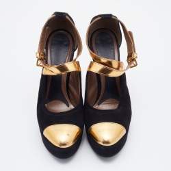 Marni Black/Gold Suede and Leather Platforms Ankle Strap Pumps Size 39