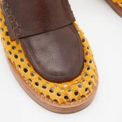 Marni Brown/Yellow Leather and Perforated Calf Hair Slip On Loafers Size 38