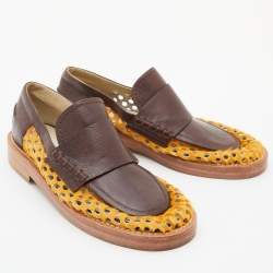 Marni Brown/Yellow Leather and Perforated Calf Hair Slip On Loafers Size 38