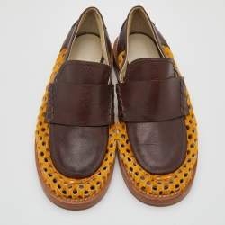 Marni Brown/Yellow Leather and Perforated Calf Hair Slip On Loafers Size 38