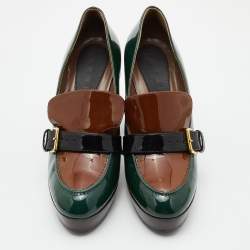 Marni Green/Brown Patent Leather Platform Loafer Pumps Size 39