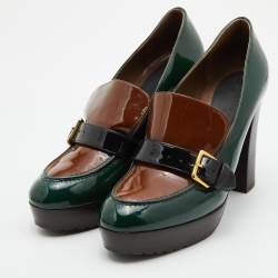 Marni Green/Brown Patent Leather Platform Loafer Pumps Size 39
