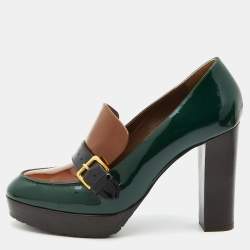 Marni Green/Brown Patent Leather Platform Loafer Pumps Size 39