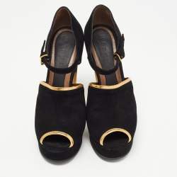 Marni Black/Gold Suede Ankle Strap Platform Pumps Size 40