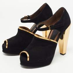 Marni Black/Gold Suede Ankle Strap Platform Pumps Size 40