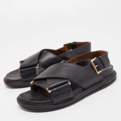 Marni Black Leather Cross-Strap Flat Sandals Size 36