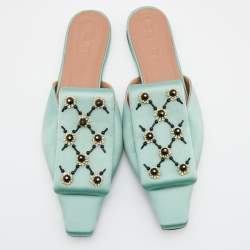 Pre Owned Marni Green Satin Embellished Mules Size 39