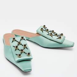 Pre Owned Marni Green Satin Embellished Mules Size 39