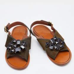 Pre Owned Marni Olive Green Calfhair Cross Strap Embellished Slingback Flat Sandals Size 40