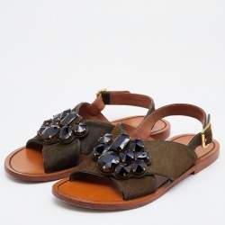 Pre Owned Marni Olive Green Calfhair Cross Strap Embellished Slingback Flat Sandals Size 40