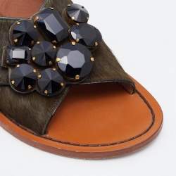 Pre Owned Marni Olive Green Calfhair Cross Strap Embellished Slingback Flat Sandals Size 40