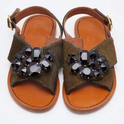 Pre Owned Marni Olive Green Calfhair Cross Strap Embellished Slingback Flat Sandals Size 40