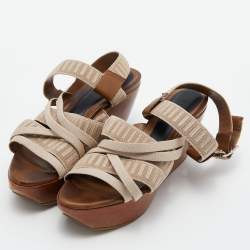 Marni Beige Nylon and Leather Strappy Wedge Sandals Size 40