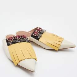 Marni Tri Color Leather Crystal Embellished Flat Mules Size 38