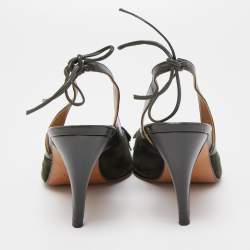 Marni Dark Green Leather and Suede Peep Toe Tie Knot Slingback Sandals Size 38.5