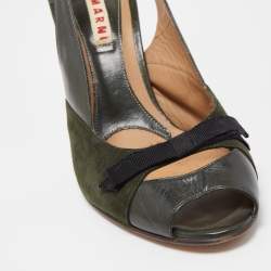 Marni Dark Green Leather and Suede Peep Toe Tie Knot Slingback Sandals Size 38.5