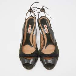 Marni Dark Green Leather and Suede Peep Toe Tie Knot Slingback Sandals Size 38.5