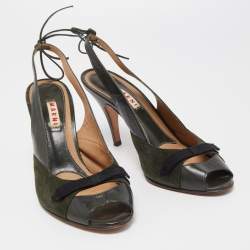 Marni Dark Green Leather and Suede Peep Toe Tie Knot Slingback Sandals Size 38.5