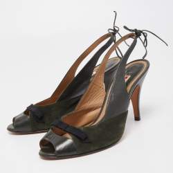 Marni Dark Green Leather and Suede Peep Toe Tie Knot Slingback Sandals Size 38.5