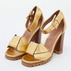 Pre Owned Marni Gold Leather Ankle-Strap Block Heel Sandals Size 38