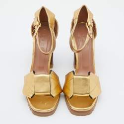 Pre Owned Marni Gold Leather Ankle-Strap Block Heel Sandals Size 38
