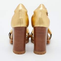 Pre Owned Marni Gold Leather Ankle-Strap Block Heel Sandals Size 38
