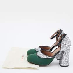 Marni Green/Silver Glitter,Neoprene and Patent Leather Ankle Strap Block Heel Sandals Size 39