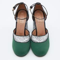 Marni Green/Silver Glitter,Neoprene and Patent Leather Ankle Strap Block Heel Sandals Size 39