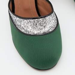 Marni Green/Silver Glitter,Neoprene and Patent Leather Ankle Strap Block Heel Sandals Size 39