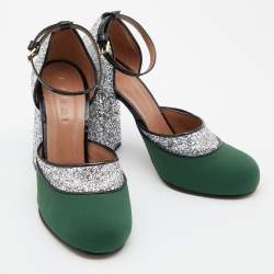 Marni Green/Silver Glitter,Neoprene and Patent Leather Ankle Strap Block Heel Sandals Size 39