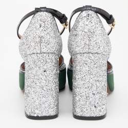 Marni Green/Silver Glitter,Neoprene and Patent Leather Ankle Strap Block Heel Sandals Size 39