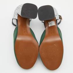 Marni Green/Silver Glitter,Neoprene and Patent Leather Ankle Strap Block Heel Sandals Size 39