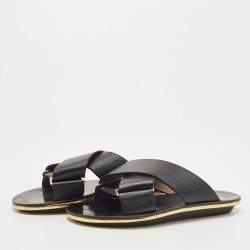 Marni Black Textured Leather Cross Strap Flat Slides Size 39