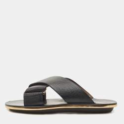 Marni Black Textured Leather Cross Strap Flat Slides Size 39