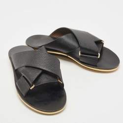 Marni Black Textured Leather Cross Strap Flat Slides Size 39