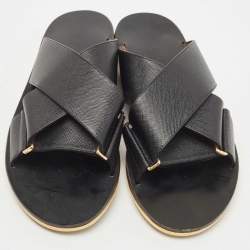 Marni Black Textured Leather Cross Strap Flat Slides Size 39