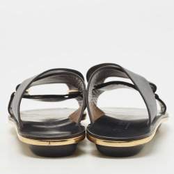 Marni Black Textured Leather Cross Strap Flat Slides Size 39