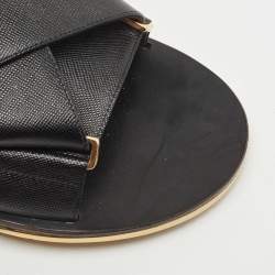 Marni Black Textured Leather Cross Strap Flat Slides Size 39