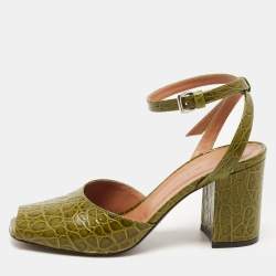 Marni Green Croc Embossed Leather Open Toe Ankle Strap Pumps Size 38