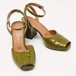 Marni Green Croc Embossed Leather Open Toe Ankle Strap Pumps Size 38